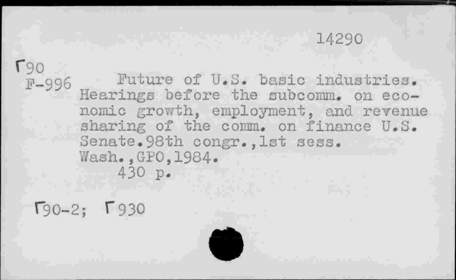 ﻿14290
C90
P-996 Future of U.S. basic industries. Hearings before the subcomm, on economic growth, employment, and revenue sharing of the comm, on finance U.S. Senate.98th congr.,1st sess.
Wash.,GPO,1984.
430 p.
C9O-2; T93O